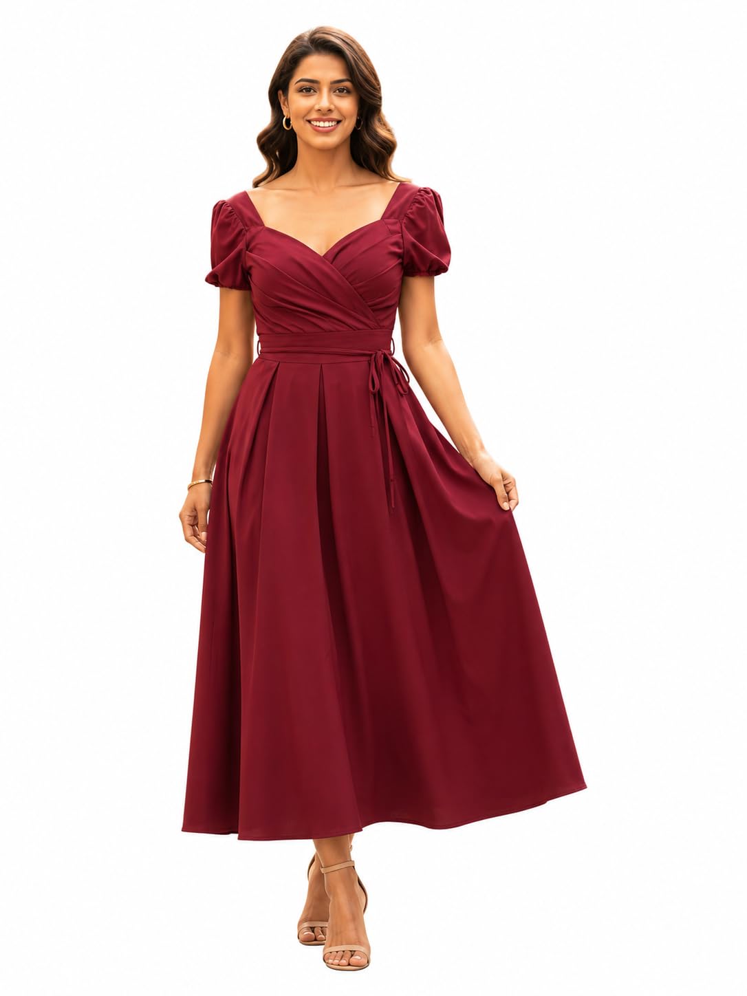Elegant Burgundy Midi Dress for Women – Puff Sleeve Sweetheart Neckline Party Dress-image-8