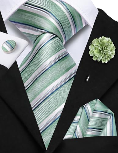 Image of Hi-Tie Sage Green Ties for Men Silk Striped Mens Dress Tie and Flower Lapel Pin Pocket Square Cufflinks Set 4 PCS Necktie
