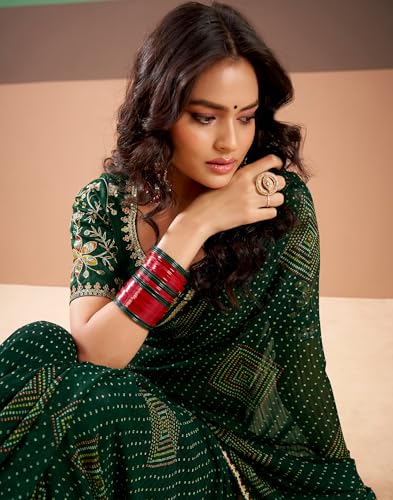 Image of SIRIL Women's Georgette Bandhani Printed, Embroidery Lace Saree With Unstitched Blouse Piece