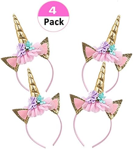 Lemoncy 4 Pack Gold Horn Headband Ears Photo Props Girl Birthday Outfit Squishy Cheeks Gold Glitter Horn Headband Flowers Headwear Accessory for Party Decoration Cosplay Costume