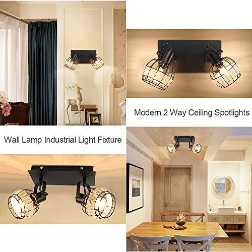 Image of DLLT Vintage LED Track Lighting Kit, 2 Lights Rattan Caged Wall Light Fixture, Industrial Track Ceiling Spotlight for Bedroom Cloakroom Hallway Entryway Balcony Porch