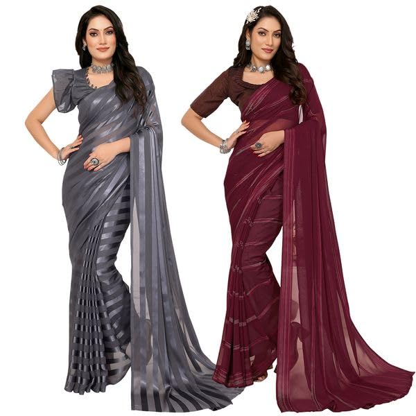 Image of Women's Multicolor Satin Striped Printed Saree with Unstitched Blouse Piece (Pack of 2) P2 MD RS WB SAT6001 1 WB SAT6010 4 BZ