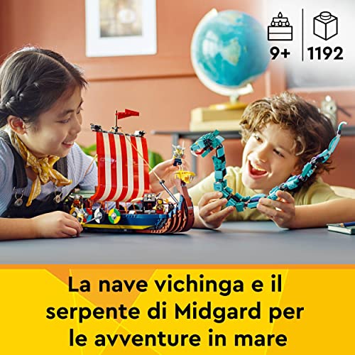 LEGO Creator 3 in 1 Nave Vichinga e Jörmungandr, Casa Giocattolo Apribile, Drago e Lupo Snodabili da Costruire, Giochi per Bambini e Bambine, Idee Regalo di Compleanno 31132 - Immagine 2