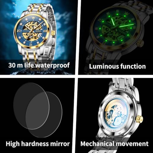 Image of OLEVS Mens Automatic Watch Skeleton Diamond Luxury Mechanical Self Winding Dress Wrist Watch Waterproof Luminous