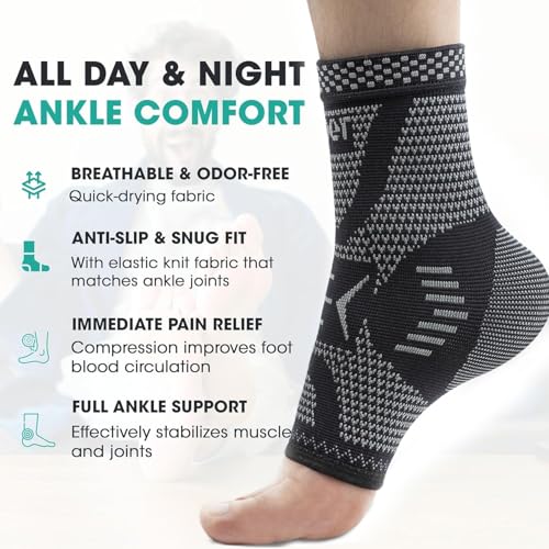 Image of INDEEMAX Copper Ankle Brace Ankle Compression Sleeve Support Ankle Brace for Women & Men, Achilles Tendonitis Brace, Plantar Fasciitis, Sports, Silver Black, L