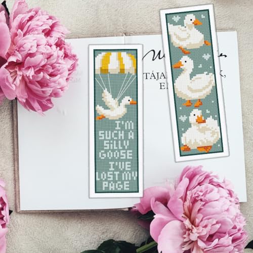 Image of INFUNLY 6PCS Duck Cross Stitch Bookmark Kit for Beginners 2.99''x8.54'' Duckling Stamped Embroidery Bookmark Kits with Words Animals Needlepoint Bookmark Kit with Instruction for Book Lovers Readers