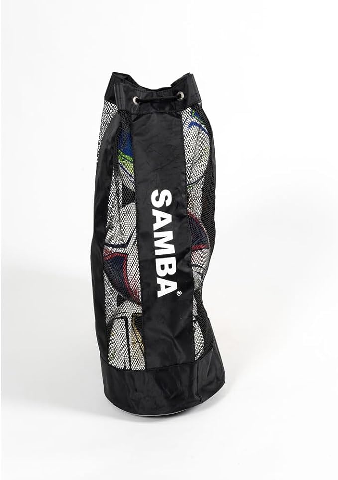 Samba Mesh Football Ball Tube Sack - Holds 3 Balls - Drawstring Holdall Shoulder Strap Carry Bag