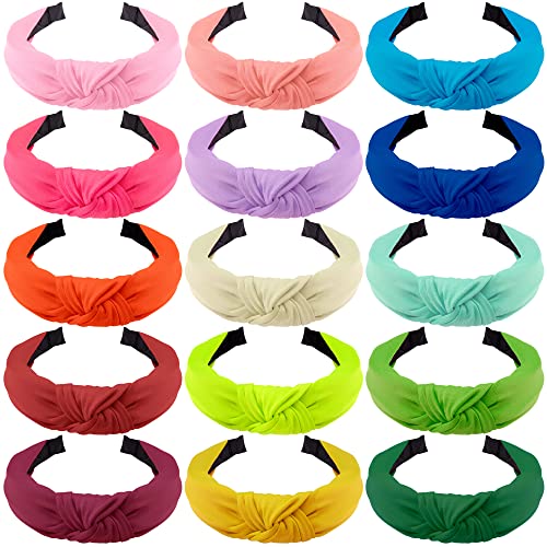 SIQUK 15 Pieces Top Knot Headbands for Women in 15 Colors, Cross Knot Headband, Wide Cloth Knot Headbands
