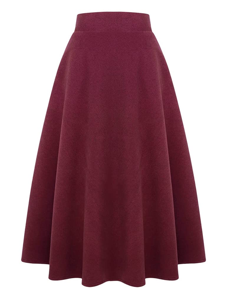 Ylingjun Long Plaid Wool Skirt for Womens Winter Fall Warm High Elastic Waist A line Flared Pleated Wool Tartan Skirts, Pure Wine, Medium