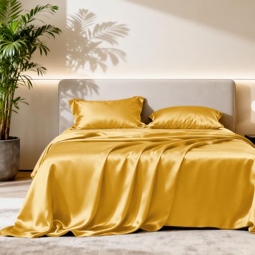 Image of Love's cabin Full Size Satin Sheet Sets - 4 Piece Gold Silky Sheet Set with Deep Pocket, Luxury Silk Feel Satin Sheets Full Bedding Set (1 Flat Sheet,1 Fitted Sheet,2 Pillow Cases)
