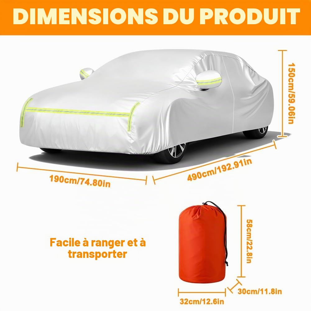 Bache Voiture, 490x190x150CM Housse Voiture Universale, Conception à Ouverture Latérale & Doublure en Coton, Anti UV Soleil Neige Poussière, Housse de Véhicule pour l'Intérieur et l'Extérieur