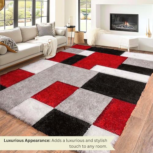 Image of Carpet for Hallway, Kitchen, and Modern InteriorsCarpetCozy Shag Runner for Living Room, Bedroom & Office Decor ETC Size 5x7 feet, Patten-Solid Red Box