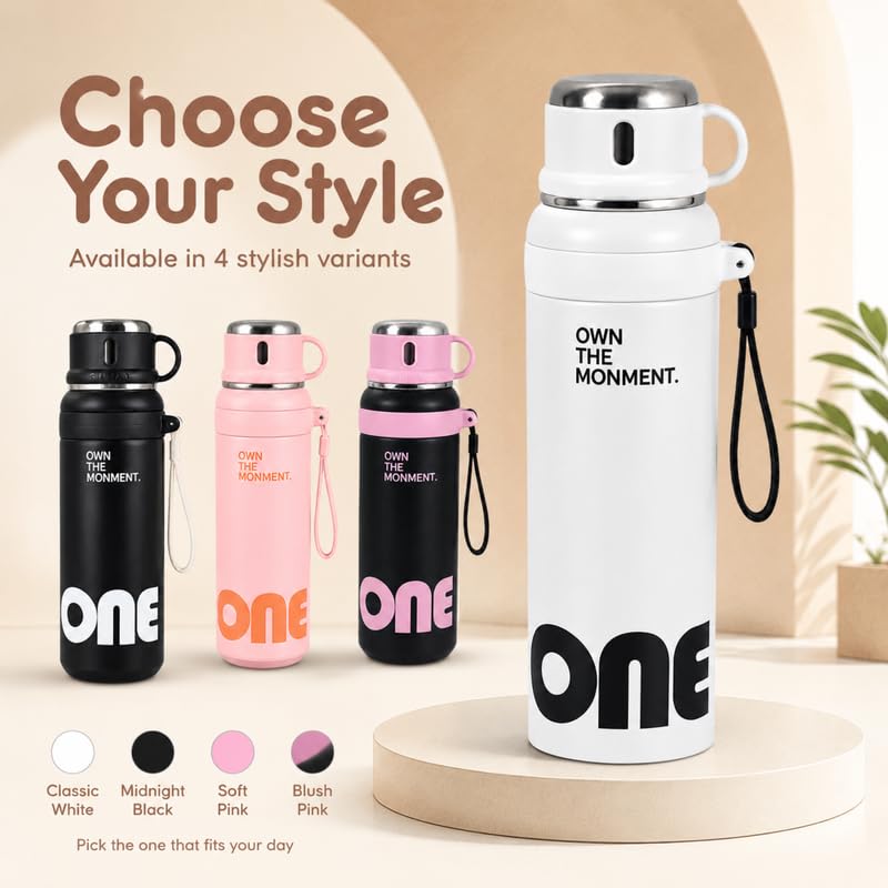 Image of Homero Premium Steel Bottle 1 Litre 1 L, Stylish Water Bottle with Cup & Straw, Leak Proof Elegant Design for Women, Office, Gym, School, College & Travel Use - Soft Pink