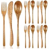 Geiserailie 12 Pcs Wooden Utensils for Eating Set Wooden Spoon Fork Knife Cutlery Set Kitchen Wood Utensils Dinner Flatware Tableware (Acacia Wood)