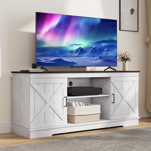 DWVO Farmhouse TV Stands for Living Room, Entertainment Center with Storage, TV Stand for 65 Inch TV with Double Barn Doors & Storage Cabinets, Rustic TV Cabinet Media Console, Espresso & Grey White