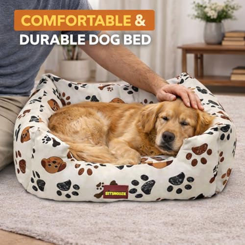 Image of SITSNOOZE Small Dog Bed (Up to 5kg) for Shih Tzu, Pomeranian, Chihuahua Puppies - Plush Soft Washable Bed, Orthopedic Cushion, Indoor Waterproof Anti-Slip Bottom Pet Mattress (Beige Printed, S)