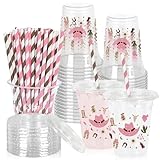 JarThenaAMCS 50Pcs Little Cowgirl Plastic Cups with Lids Straws Cowgirl Hat Boots Cactus Drinking Cup 12oz Pink Brown Western Disposable Cups for Birthday Baby Shower