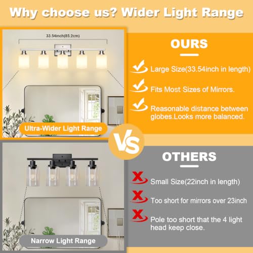 Image of Unicozin 5-Light Bathroom Light Fixtures, Modern Brushed Nickel Vanity Light Over Mirror, Wall Sconces with Milky White Glass Shades for Living Room Bedroom Hallway E26 Base