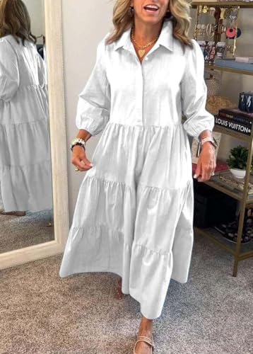 Image of chouyatou Women's Loose Fit Puff Sleeve Maxi Tiered Babydoll Dress V-Neck Cotton Long Button Down Dress