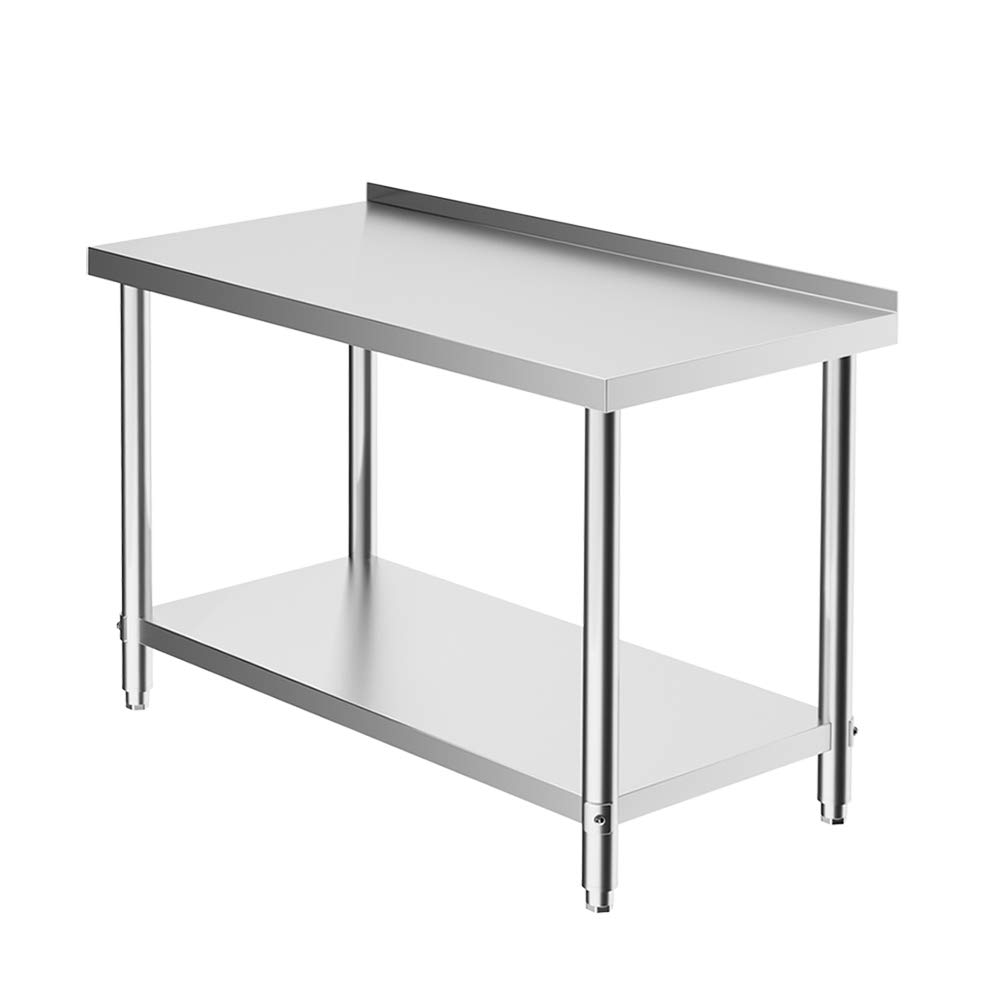 Kitchen Table Food Prep Bench Stainless Steel Commercial Work Table Double Shelf with 3.5CM Worktop Backsplash for Kitchen Bar Restaurant Silver Size 120 x 60 x 80CM