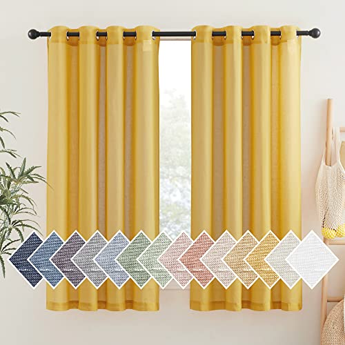 NICETOWN Linen Sheer Gold Curtains 63 inch Length 2 Panels, Grommet Natural Linen Flax Window Drapes Privacy with Light Filtering Curtains for Bedroom, Citrine, W52 x L63