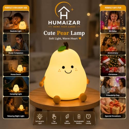Image of HUMAIZAR KHIZAR Kawaii Pear Silicone Night Light - Cute Rechargeable LED Lamp for Kids Bedroom, Girls Room, Nursery & Bedside Decor