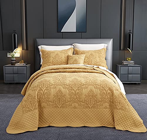 Image of CHIXIN Bedspread Coverlet Quilt Set Full Size - Lightweight Bedding Cover - Beautiful Stitching - 5 Piece Reversible Bedspread - Luxury Damask Paisley Pattern (Full, Honey-Gold)