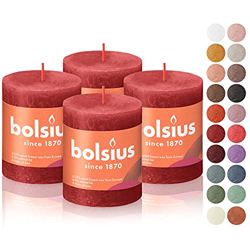 BOLSIUS 4 Pack Delicate Red Rustic Pillar Candles - 2.75 X 3.25 Inches - Premium European Quality - Includes Natural Plant-Based Wax - Unscented Dripless Smokeless 35 Hour Party Décor Candles