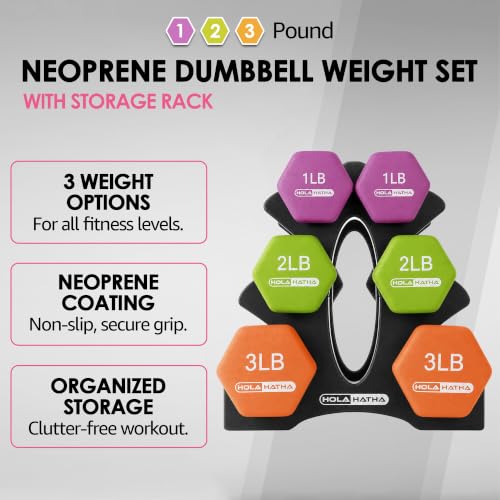 HolaHatha Neoprene Dumbbell Weights Set with Rack, 12 Lbs, Multicolor - image 2