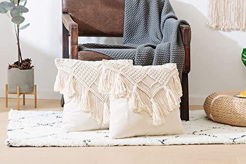 Image of Handmade Macrame Cushion Cover 16x16 Inches, Boho Decorative Throw Pillow Cover with Tassels, Cotton Woven Cushion Case for Sofa, Bedroom, Living Room, Couch Decor, Off White, 1 Piece