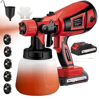 Cordless Paint Sprayer with 21V Battery, Fence Paint Sprayer with 5 Nozzles and 3 Spray Patterns, Handheld HVLP Paint Gun with 2x3000mAh Batteries & Charger for Fence, Walls, Ceilings Painting(Red)