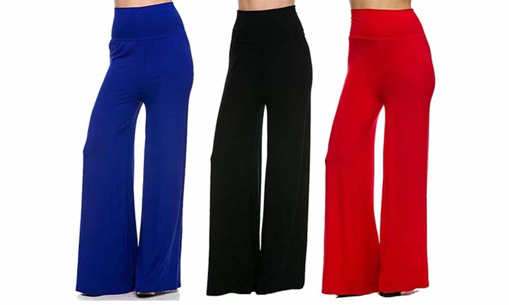 Wide Leg High Fold Over Waist Palazzo Pants (Medium, Black/Red/Royal)