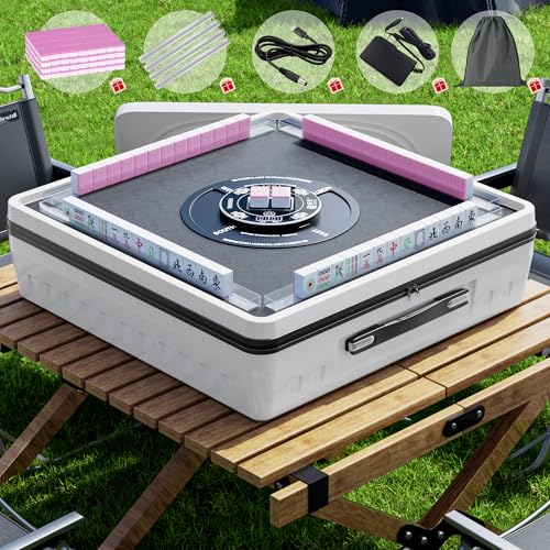 PYY Portable Automatic Mahjong Table - Foldable 144 Magnetic Mini Mahjong Tiles Smooth Non-Jamming Shuffling Supports American & Chinese Styles for Outdoor & Home Fun White-Pink