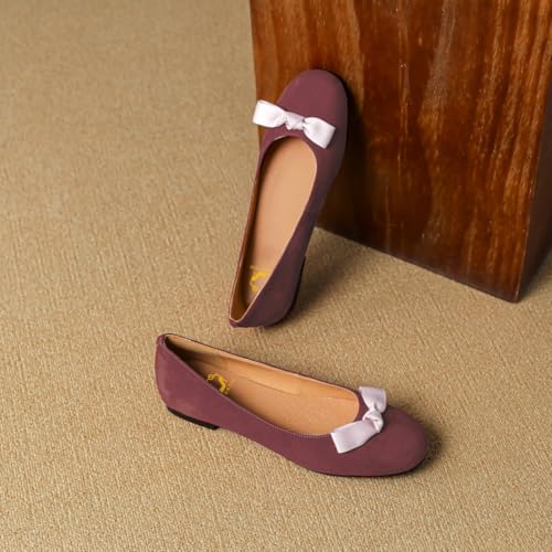 SHODENSE Women Round Toe Bow Flats Suede Slip on Ballet Shoes Comfortable Cute Dress Flat Shoes with Bow Two Tone Walking Drive Flats Street Party Wedding Dress Flats Retro 4-11 M US2