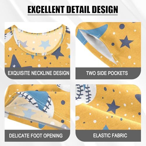 ALAZA Baseball Star Yellow Pajamas Set Short Sleeve Cotton Sleepwear Summer Pjs 2 Piece 5-14Y4
