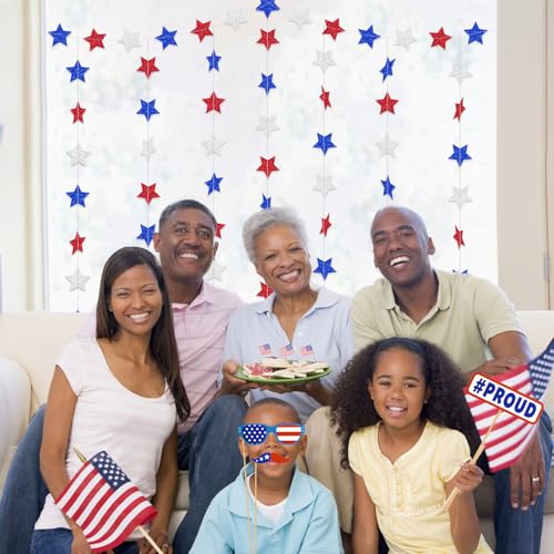 Image of Patriotic Glitter Star Garland Banner Streamers - 2.76 Inch 52 FT 4 Strands Paper - Red White and Blue Hanging Decorations for American 4th of July, USA Independence Day, Memorial Day, Labor Day