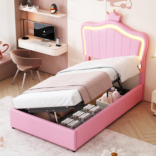 LAKFEW Cama Individual Cama Tapizada 90x200 cm con Almacenaje Hidráulico y Iluminación LED, Camas Juveniles Cama Infantil Niña con Cabecero Ajustable en Forma de Concha, Rosa, Sin Colchón