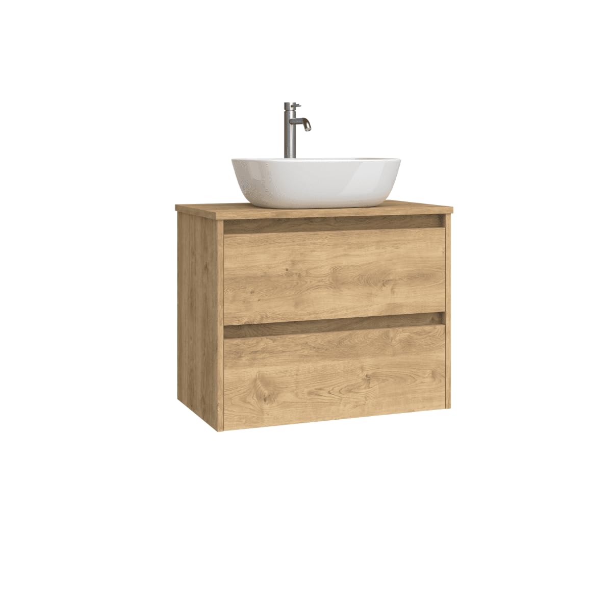 Mueble de Baño Suspendido Fondo Reducido con Lavabo Sobreponer Cerámico para Aseos | Mueble Volado 2 Cajones | 70 cm Roble Natural