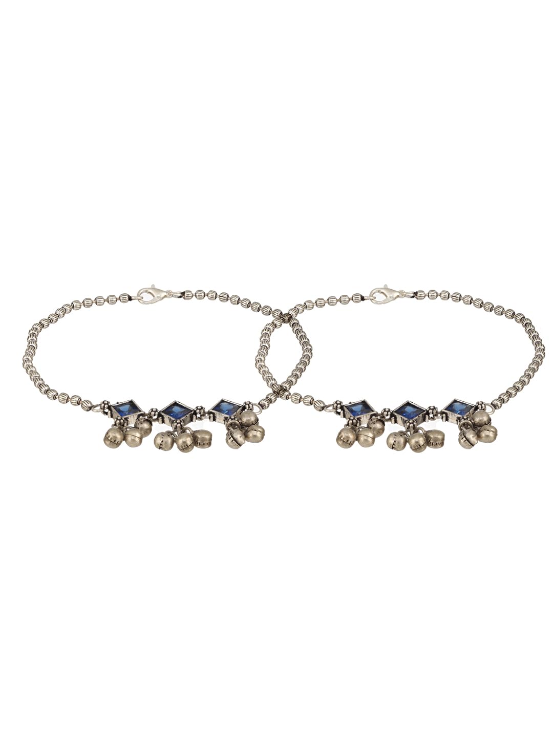 Set Of 2 Oxidised White Plated Blue Stone Payal Anklet-image-8