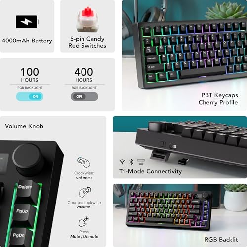 Image of TECWARE Spectre 75 Mechanical Gaming Keyboard | Customizable LCD Screen Display & Knob | Tri-Mode Wireless Bluetooth 2.4GHz | Gasket Mount Hot Swappable | Black Candy Red Linear Switches