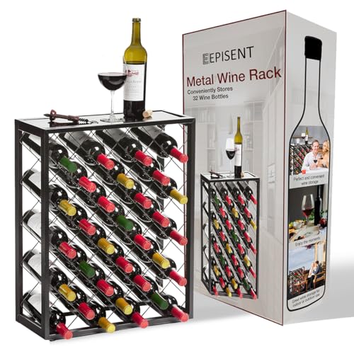 EPISENT 32 Bottle Metal Wine Rack, Freestanding Floor Wine Storage Stand, Black Bottle Holder for Kitchen Dining Room Bar and Home, Easy Assembly