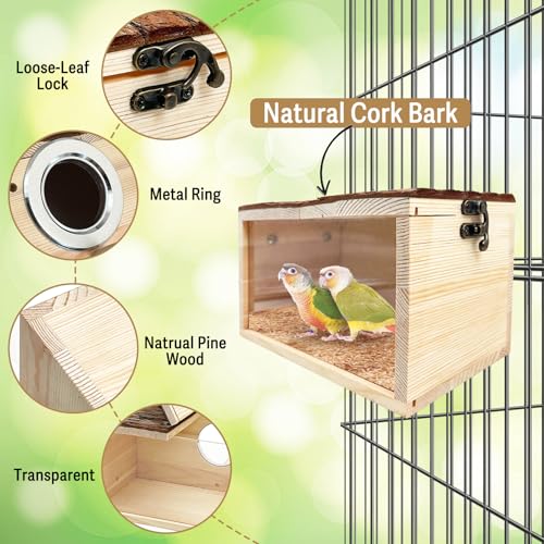 Image of Tfwadmx Parakeet Nesting Box - Wooden Parrot Nest for Cockatiel, Lovebirds, Budgie, Conure - Acrylic Transparent Bird House With Perch for Breeding