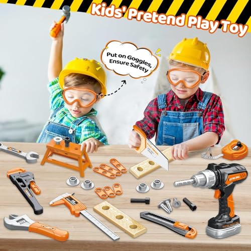 Kids Tool Set with Portable Tool Box & Electronic Toy Drill, Toddler Tool Set,Pretend Play Kids Toys Construction Tools for Kids Ages 3,4,5,6,7,8 for Christmas Birthday Gifts