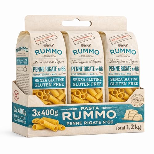 Pasta Rummo Penne Rigate SIN Gluten Nº66, Pasta Italiana, Pasta alimenticia con harina de arroz integral y maíz, Sin gluten, Elaboración lenta, Tiempo de cocción 12 minutos, 3 Paquetes de 400 gr