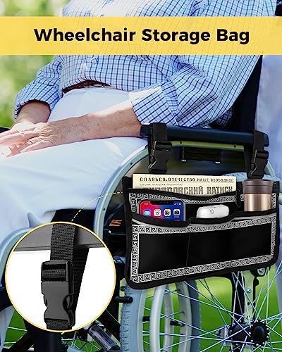 Black Wheelchair Side Bag Walker Bag, Greek Key Pattern Geometric Wheelchair Accessories Armrest Pouch, Organizer Storage Bag for Walkers, Rollators, Scooters, 7.3''x13''