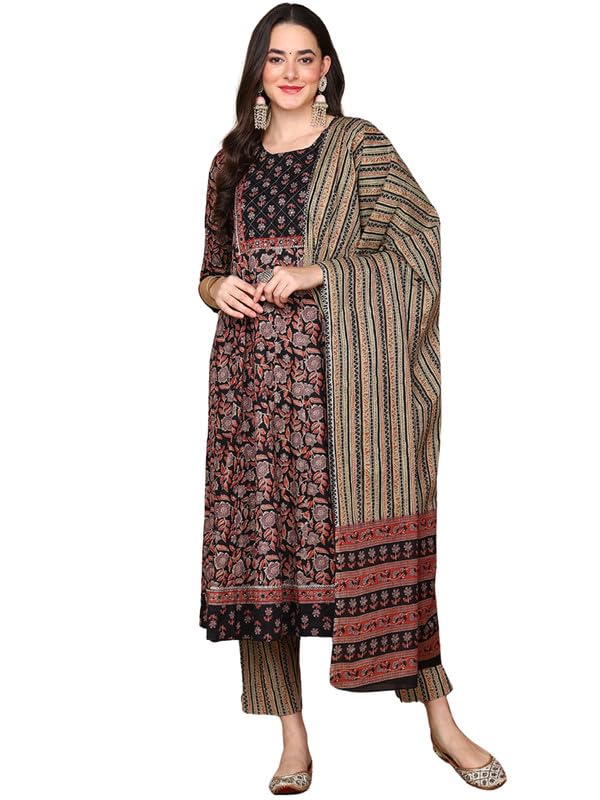 Image of Vaamsi Women's Pure Cotton Floral Printed Anarkali Kurta Pant with Dupatta
