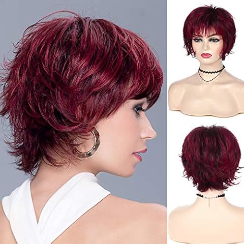 Wine Red Wig Short Layered Pixie Cut Hair Wigs for Women Synthetic Cosplay Bangs Wig Female Wig Halloween Custome Party Beweig Cover