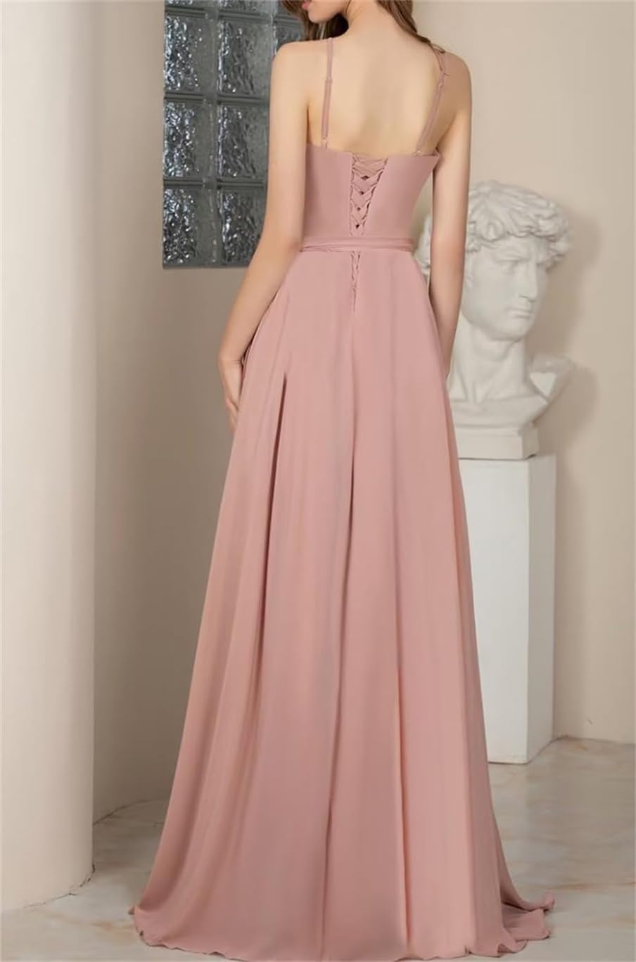 Vestidos de dama de honor con tirantes delgados para boda cuello en V gasa formal vestido largo de noche con abertura WSX484
