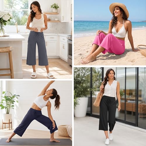 Image of TNNZEET 3 Pack Women's Wide Leg Pants with Pockets - Casual Loose Yoga Trouser Pants Sweatpants Palazzo Lounge Pajama Pants