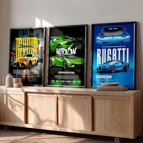 Image of HOTHOUSE Big Toyota Supra, Lamborghini Huracan, Bugatti Chiron Cars Framed Posters Gift Items for Boys Room Wall Decoration Bedroom Living Room Office Studio Decor | Set Of 3 Size (19 X 25 inch)